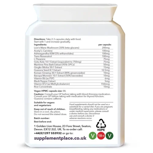 Nootropic Complex capsules containing 14 natural compounds to support the brain in a letterbox-friendly pot. Rear Label
