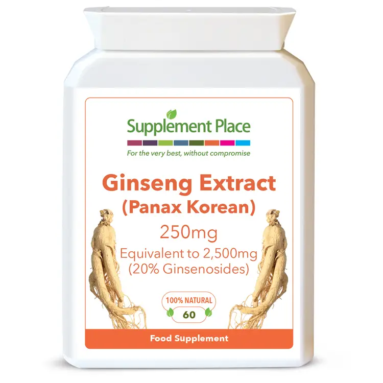 Panax Korean Ginseng supplied in 500mg capsules providing 80% Ginsenosides in a letterbox-friendly pot. Front label