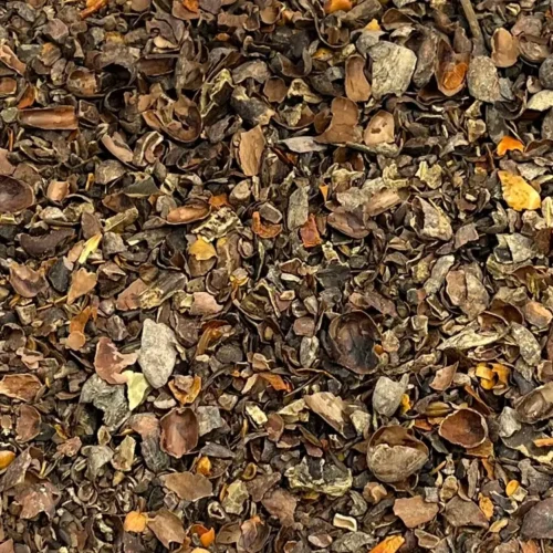 Close up of loose Cocoa and Chilli tisane showing ingredients