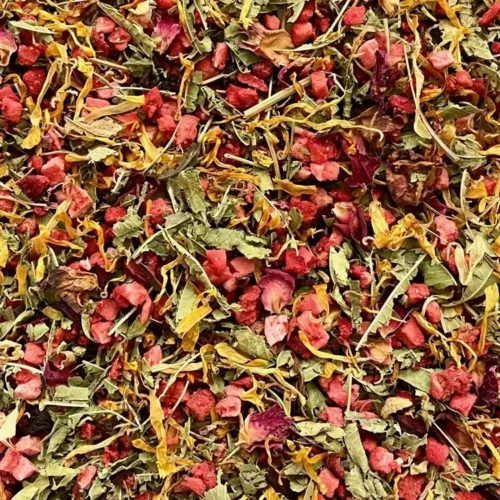 Close up of loose Strawberry and Lemon verbena tisane showing ingredients