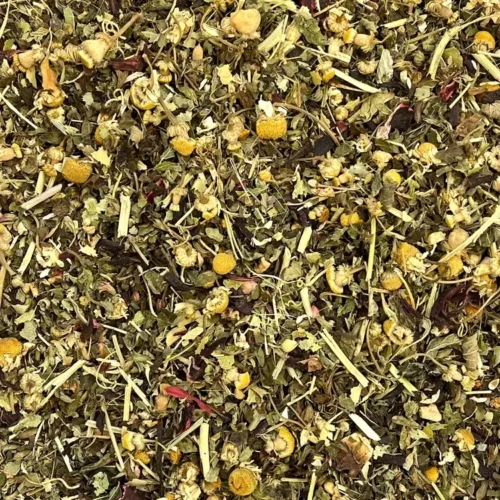 Close up of loose Unwind tisane showing ingredients